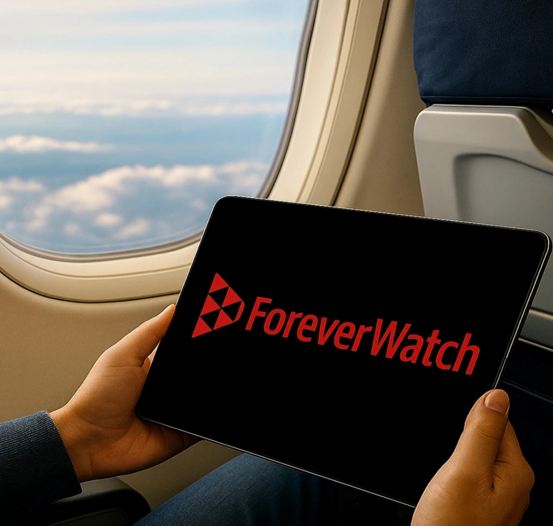 Watching ForeverWatch on a tablet during a flight — how to watch or where to watch movies, series, and sports online while traveling.