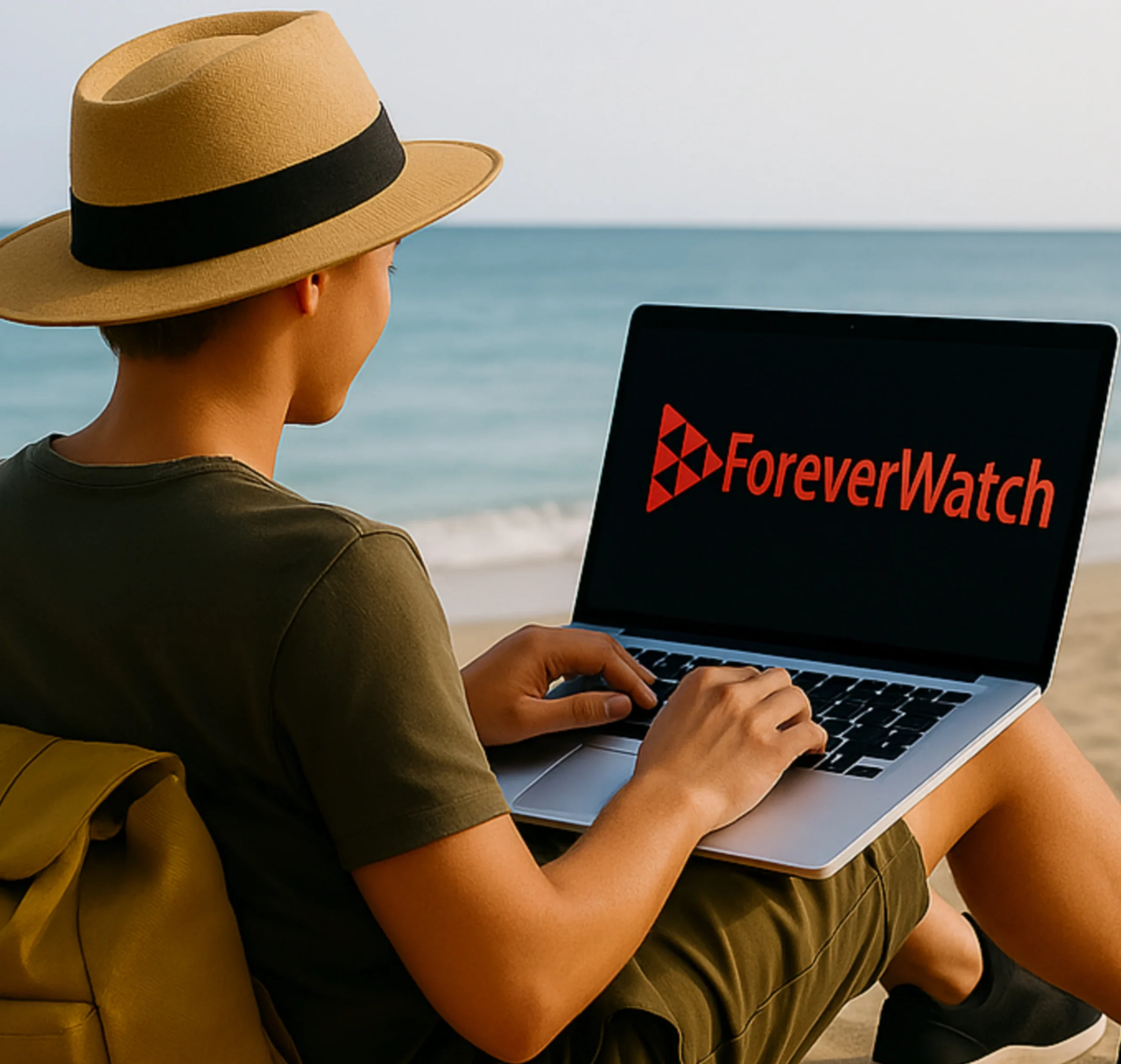 Person watching ForeverWatch on laptop at the beach — where to watch movies, series, and sports online anywhere.
