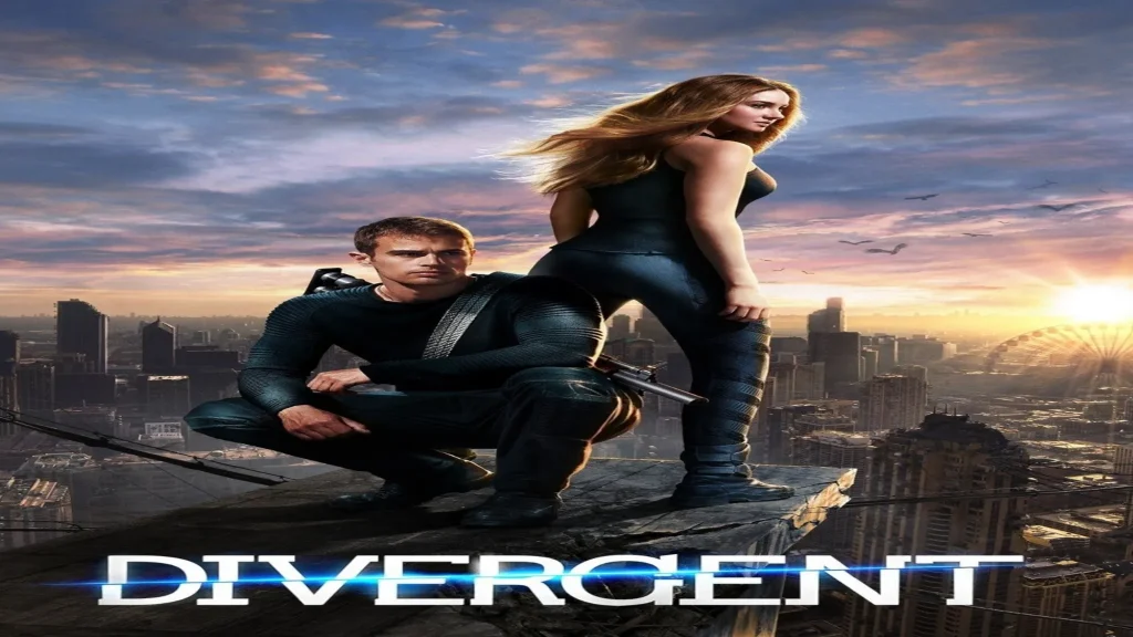 Where to watch Divergent movie poster featuring the title text and the main characters in the futuristic dystopian artwork