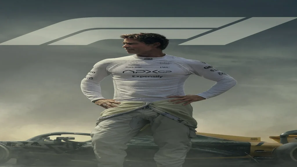 Where to watch F1 movie poster featuring the title text and a Formula 1 race car in high-speed motion