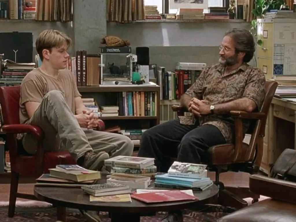 Where to watch Good Will Hunting scene still showing an emotional moment between the main characters in the film