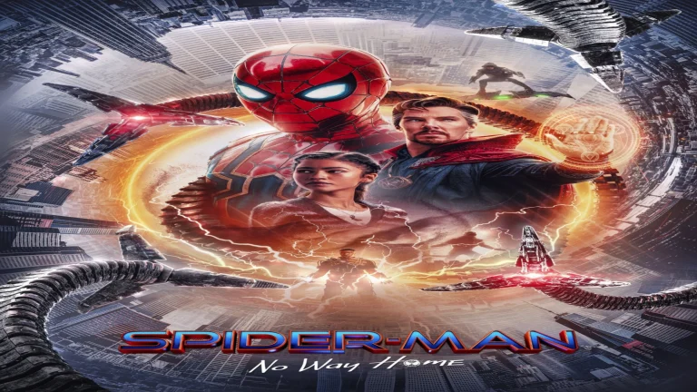 Where to watch Spider-Man: No Way Home movie poster featuring the title text and Spider-Man in the multiverse action artwork