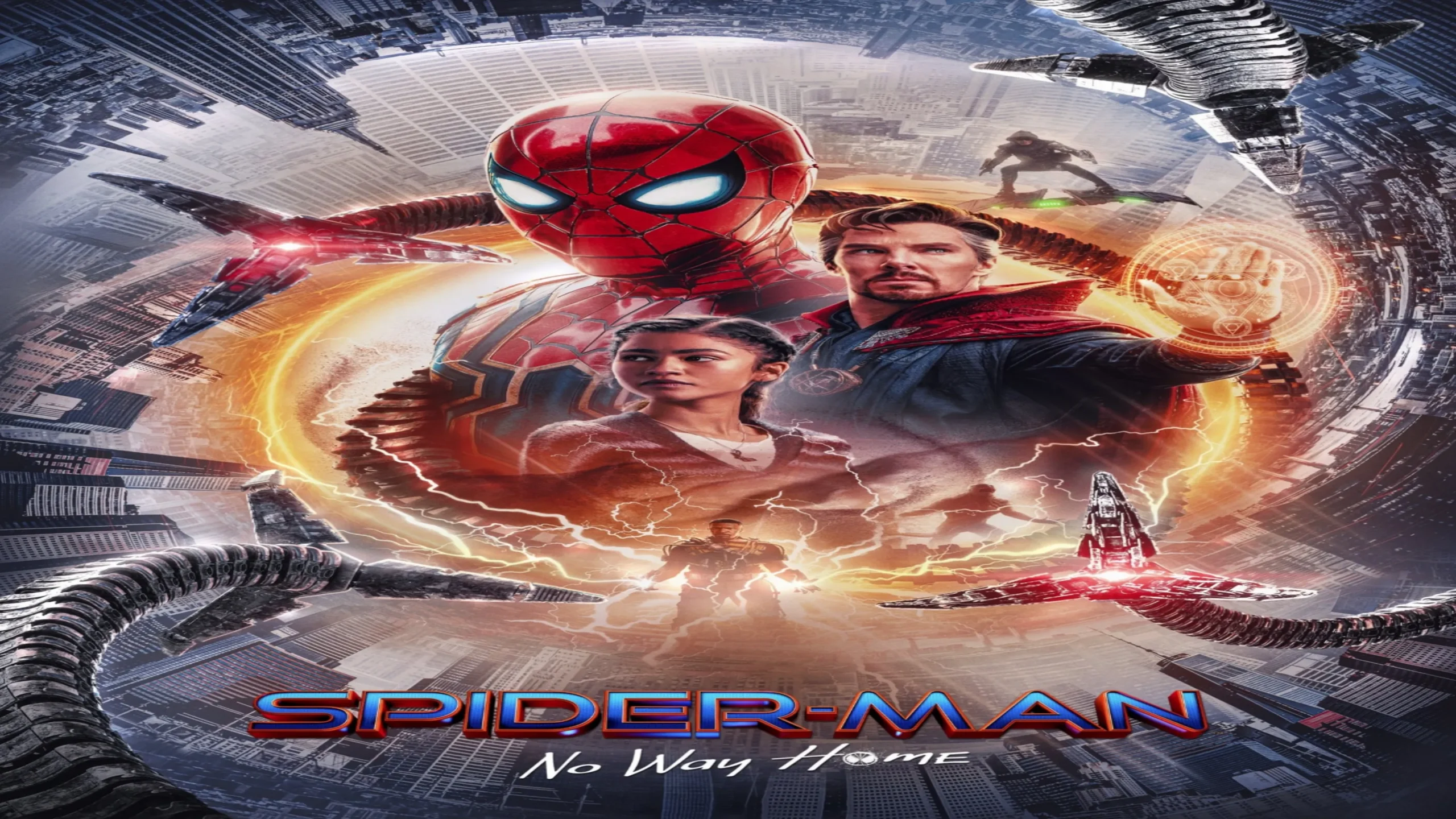 Where to watch Spider-Man: No Way Home movie poster featuring the title text and Spider-Man in the multiverse action artwork