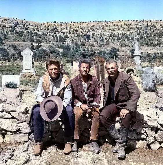 Where to watch The Good, the Bad and the Ugly cast photo featuring the main actors from the movie in a promotional group shot