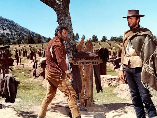Where to watch The Good, the Bad and the Ugly scene still showing a tense standoff moment from the western film
