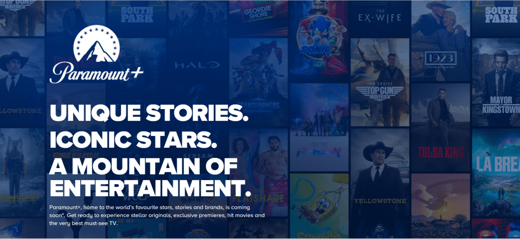 Paramount Plus homepage screenshot showing featured series, blockbuster movies, and genre rows for what to watch and streaming movies online