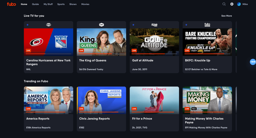 FuboTV homepage screenshot showing live sports, channel lineup highlights, and featured events for what to watch and live sports streaming online