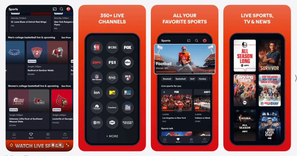 FuboTV app interface screenshot showing live channel guide, sports categories, match schedule, and streaming player for where to watch and what to watch next