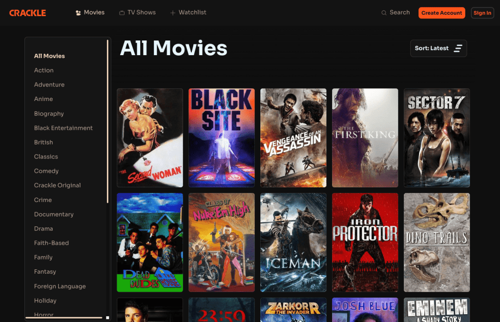 Crackle homepage screenshot showing featured movies, popular TV shows, and categories for what to watch and free streaming movies online