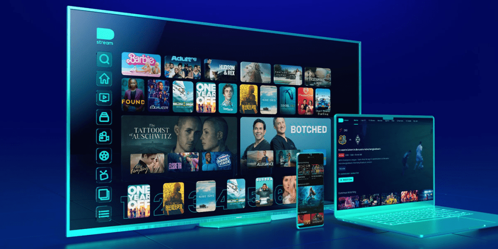 DStv Stream homepage showing live TV highlights, featured channels, and streaming categories for movies, series, and sport