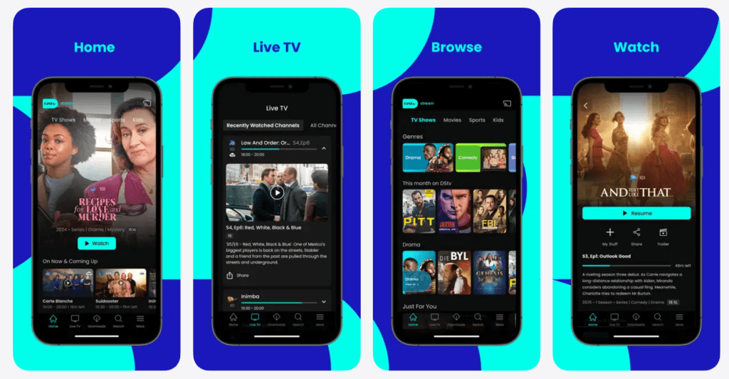 DStv Stream app interface showing channel guide, search, watchlist, and live playback screen for browsing and streaming content