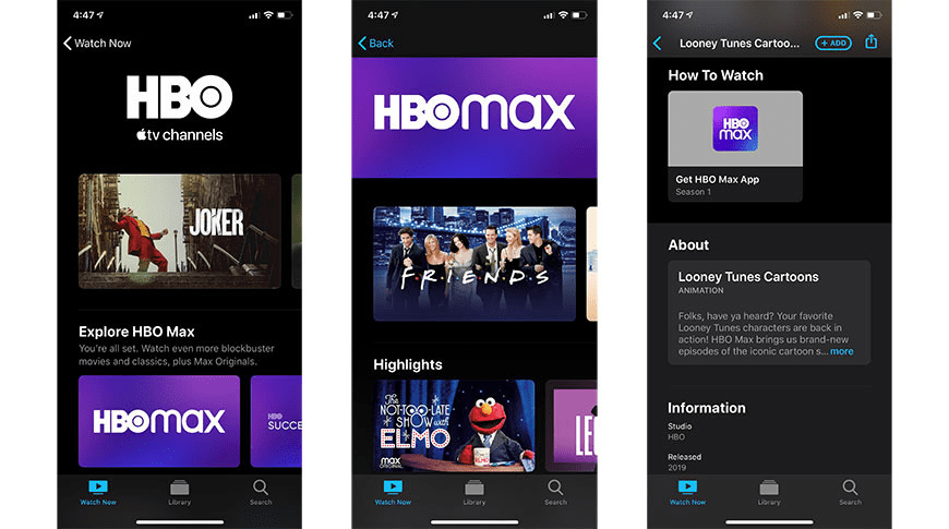 HBO Max app interface screenshot showing browse categories, search, watchlist, and streaming library for where to watch and what to watch next