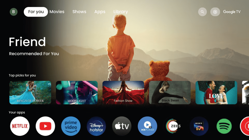 Google TV homepage screenshot showing personalized recommendations, trending titles, and genre rows for what to watch and where to watch online