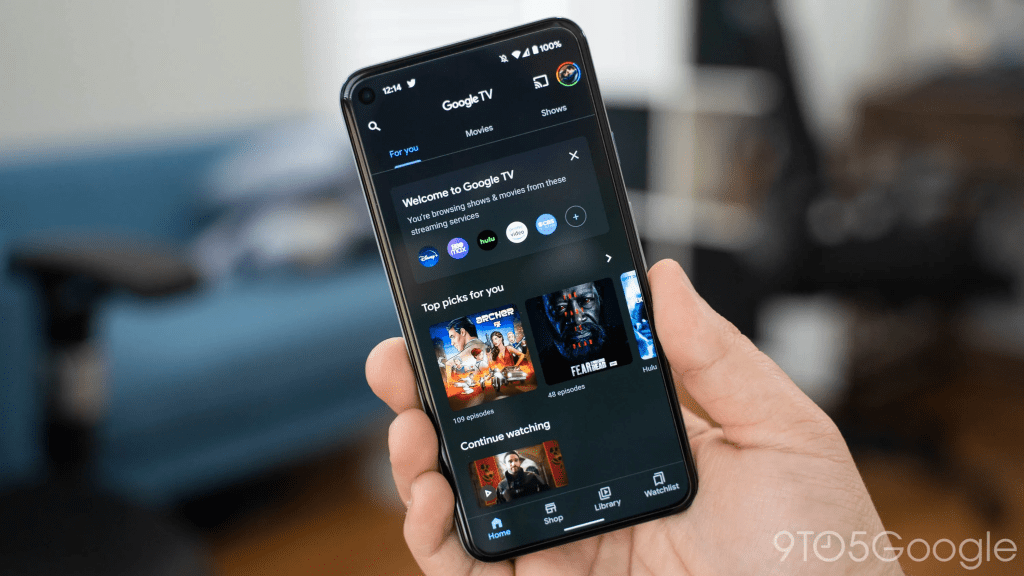 Google TV app interface screenshot showing search, watchlist, recommended titles, and streaming options for what to watch next and on-demand viewing