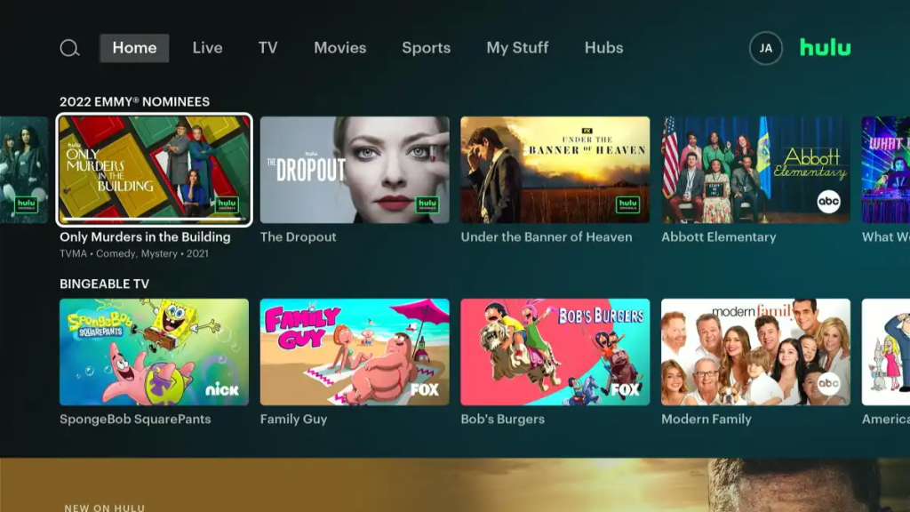 Hulu homepage screenshot showing featured series, trending movies, and genre categories for what to watch and streaming movies online