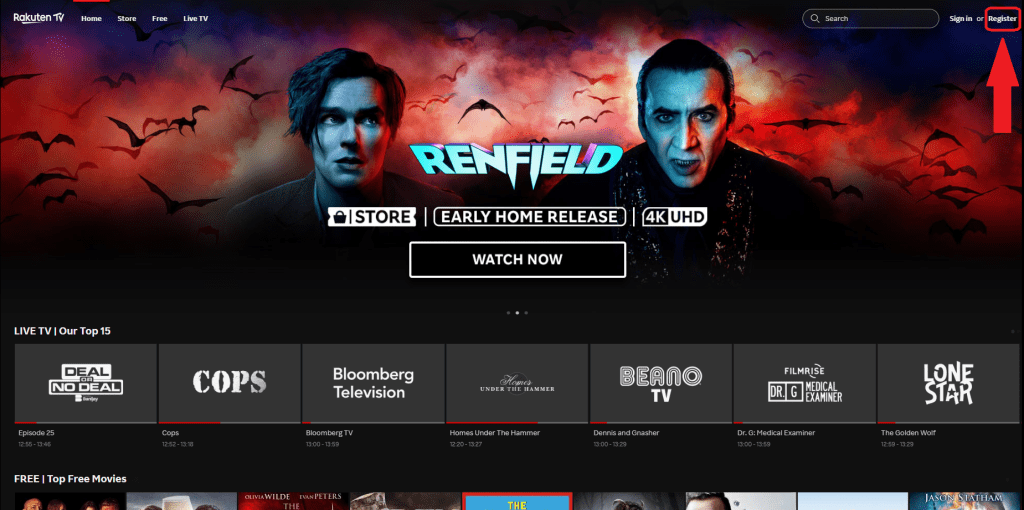 Rakuten TV homepage screenshot showing featured movies, new releases, and genre rows for what to watch and where to watch online