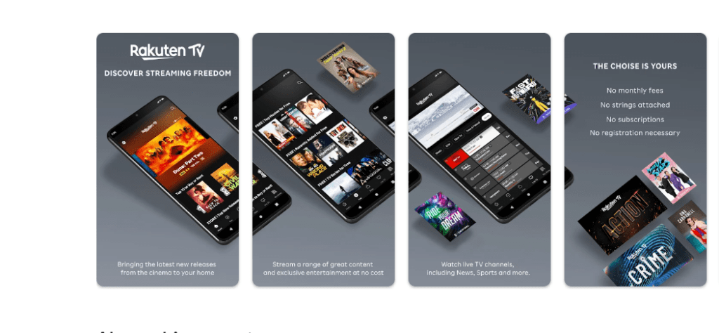 Rakuten TV app interface screenshot showing search, categories, movie details page, and streaming player for what to watch next and on-demand viewing