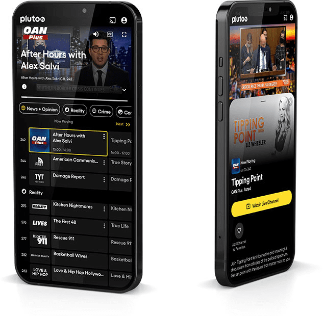 Pluto TV app interface screenshot showing the live channel guide, on-demand library, search, and streaming player for where to watch and what to watch next