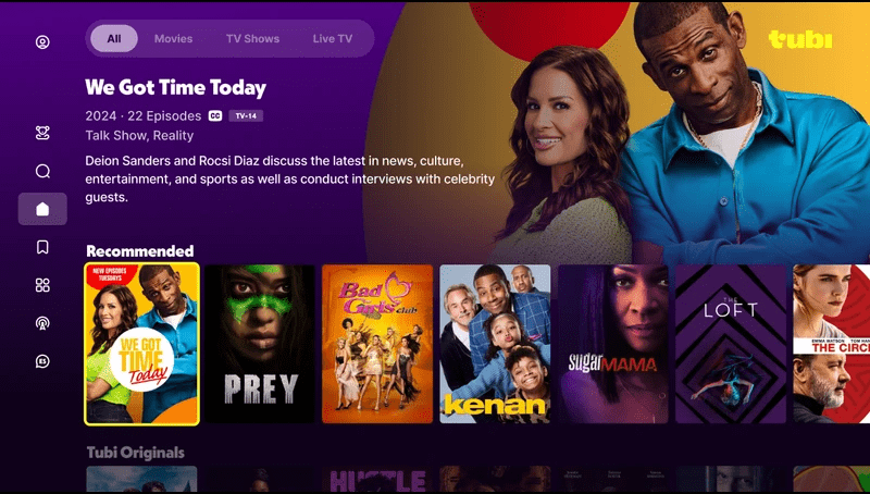 Tubi homepage screenshot showing featured movies, trending titles, and genre categories for what to watch and free streaming movies online