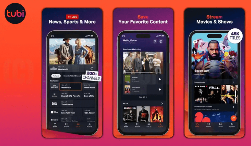 Tubi app interface screenshot showing browse categories, search, watchlist, and continue watching section for where to watch and what to watch next
