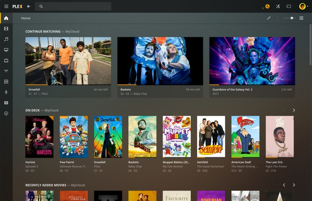 Plex homepage screenshot showing free movies, live TV channels, and personalized recommendations for what to watch and streaming online
