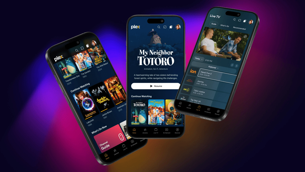 Plex app interface screenshot showing live TV guide, on-demand library, search, and watchlist for where to watch and what to watch next
