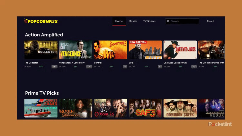 Popcornflix homepage screenshot showing featured movies, popular titles, and genre categories for what to watch and free streaming movies online