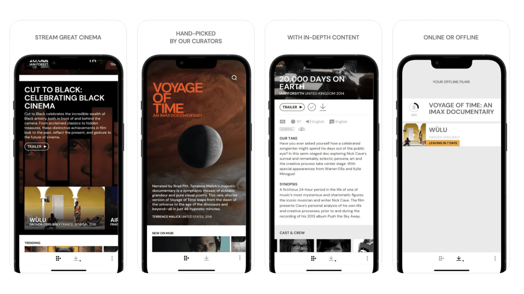 MUBI app interface screenshot showing film details, curated lists, watchlist, and streaming player for where to watch and what to watch next