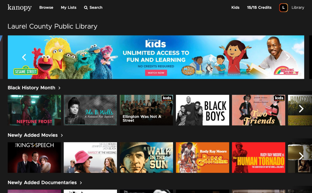 Kanopy homepage screenshot showing featured films, curated categories, and recommended titles for what to watch and streaming movies online