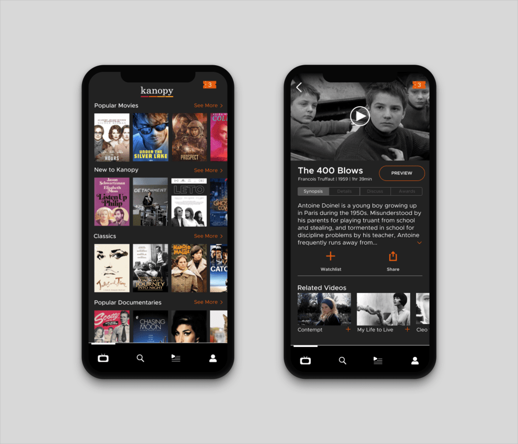 Kanopy app interface screenshot showing browse categories, search, watchlist, and film details page for where to watch and what to watch next