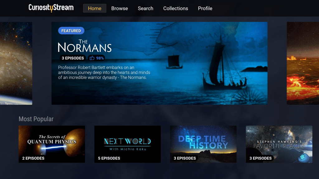Curiosity Stream homepage screenshot showing featured documentaries, trending series, and categories for what to watch and streaming online