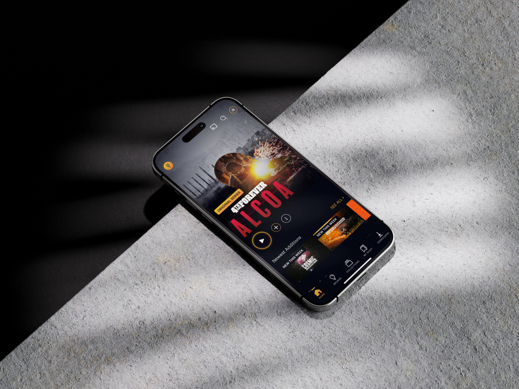 Curiosity Stream app interface screenshot showing documentary categories, search, watchlist, and streaming player for where to watch and what to watch next