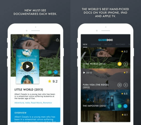 GuideDoc app interface screenshot showing documentary browse menus, search, watchlist, and film details page for where to watch and what to watch next