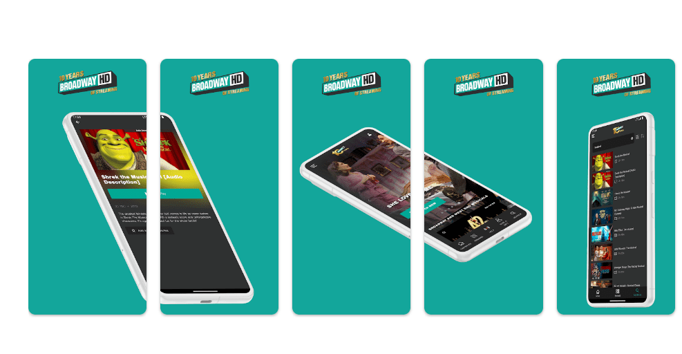 BroadwayHD app interface screenshot showing browse categories, search, watchlist, and performance details page for where to watch and what to watch next