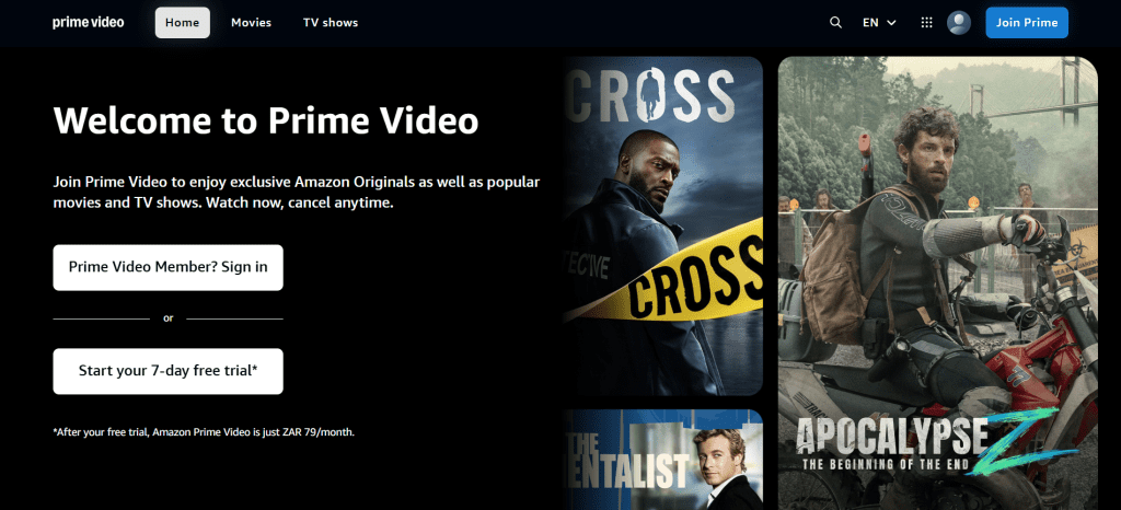 Prime Video homepage screenshot showing featured movies, trending series, and genre categories for what to watch and streaming movies online