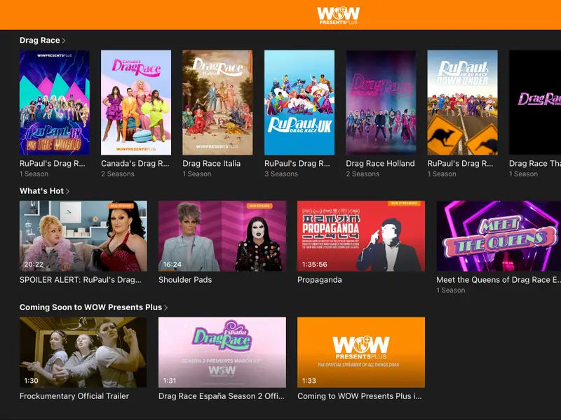WOW Presents Plus homepage screenshot showing featured series, trending episodes, and categories for what to watch and streaming shows online
