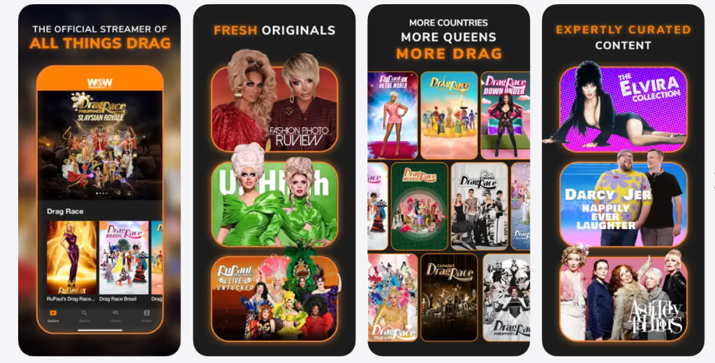 WOW Presents Plus app interface screenshot showing browse menus, search, watchlist, and episode details page for where to watch and what to watch next