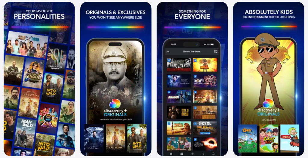 Discovery Plus app interface screenshot showing channel hubs, search, watchlist, and continue watching section for where to watch and what to watch next