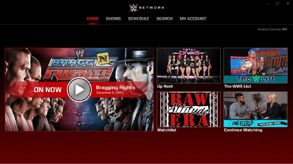 WWE Network homepage screenshot showing featured live events, premium shows, and match replays for what to watch and wrestling streaming online