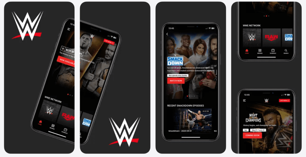 WWE Network app interface screenshot showing event listings, match library, search, and streaming player for where to watch and what to watch next