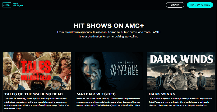 AMC Plus homepage screenshot showing featured series, popular movies, and curated categories for what to watch and streaming online