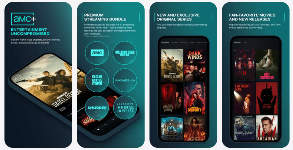 AMC Plus app interface screenshot showing browse menus, search, watchlist, and continue watching section for where to watch and what to watch next