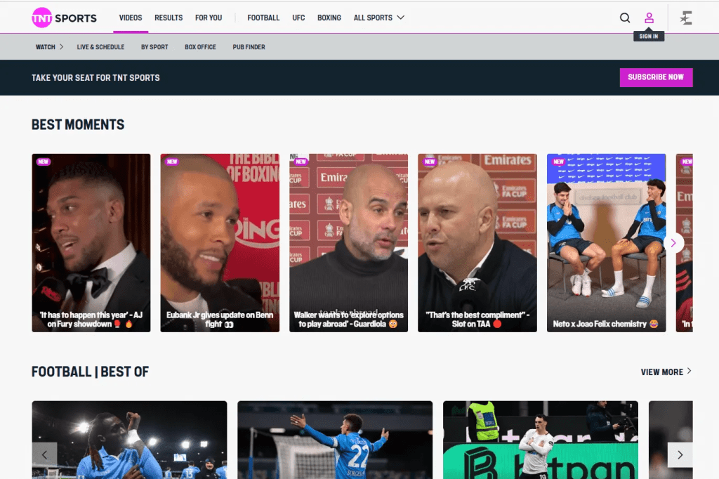 TNT Sports homepage screenshot showing featured live matches, upcoming fixtures, and sports highlights for what to watch and live sports streaming online