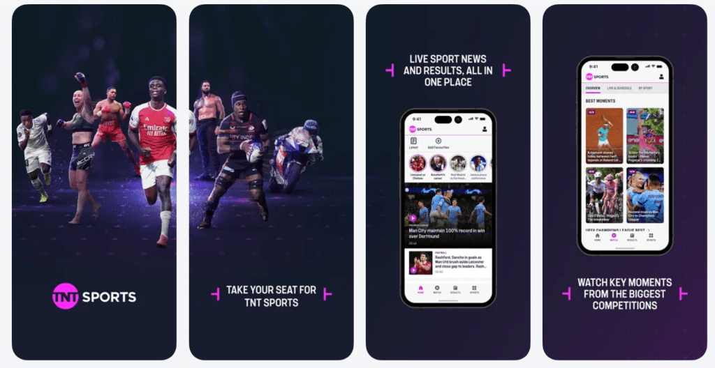 TNT Sports app interface screenshot showing live streams, match schedule, sports categories, and streaming player for where to watch and what to watch next