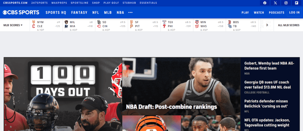 CBS Sports homepage screenshot showing live games, featured matchups, and sports news sections for what to watch and live sports streaming online