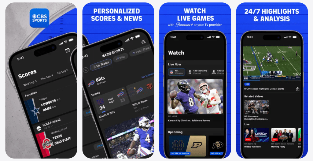CBS Sports app interface screenshot showing live scores, game schedule, streaming options, and sports categories for where to watch and what to watch next