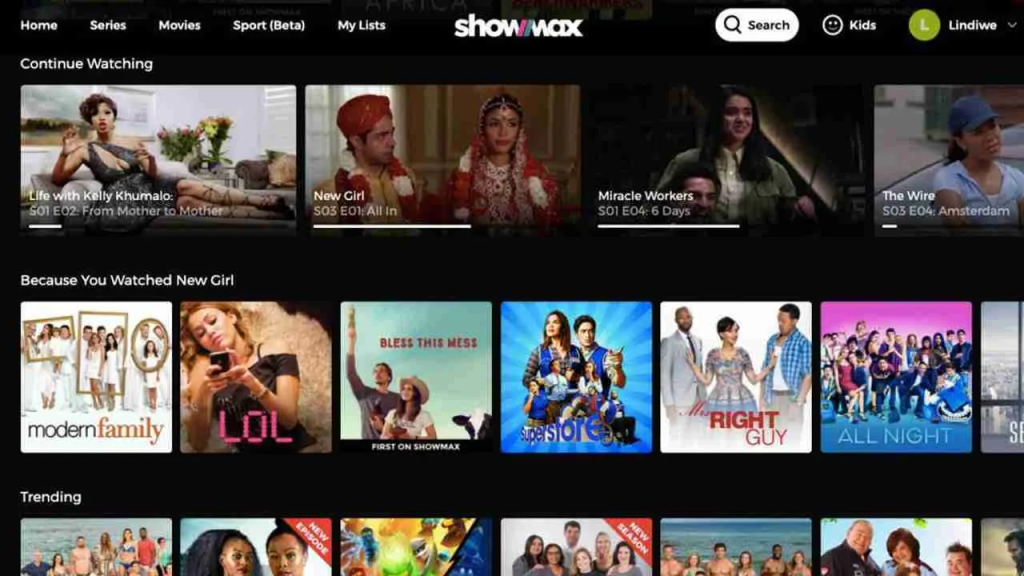 Showmax homepage screenshot showing featured series, trending movies, and local picks for what to watch and streaming movies online