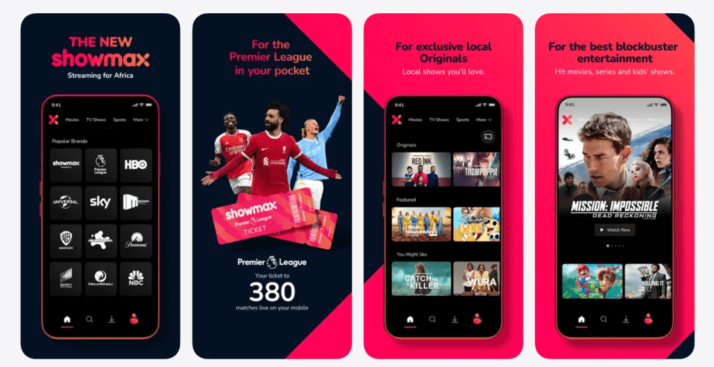 Showmax app interface screenshot showing browse categories, search, watchlist, and continue watching section for where to watch and what to watch next