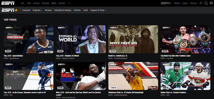 ESPN Plus homepage screenshot showing live sports, featured events, and upcoming match listings for what to watch and live sports streaming online