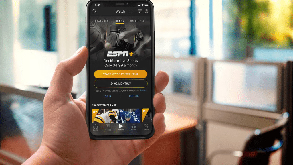 ESPN Plus app interface screenshot showing live streams, sports categories, schedules, and streaming player for where to watch and what to watch next